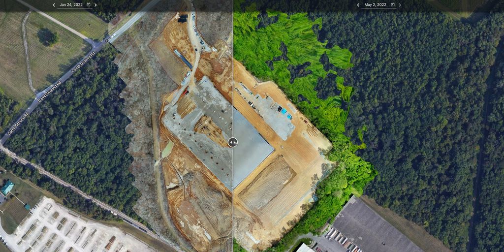 Split orthomosaic comparing a wooded site before and after grading