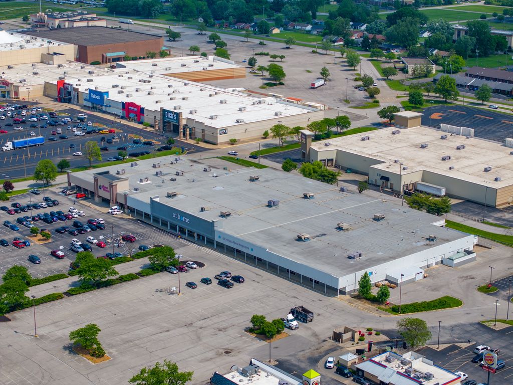 Large retail buildings and parking lot in Clarksville, Indiana
